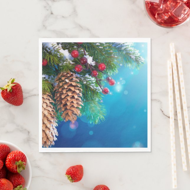 Christmas Pine Trees Pine Cones Snow Berries Napkin (Insitu)