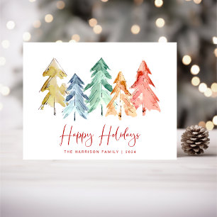 Christmas Pine Trees Watercolor Happy Holiday Postcard