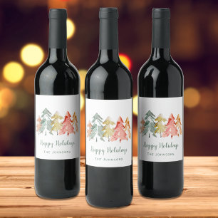 Christmas Pine Trees Watercolor Personalised Wine Label