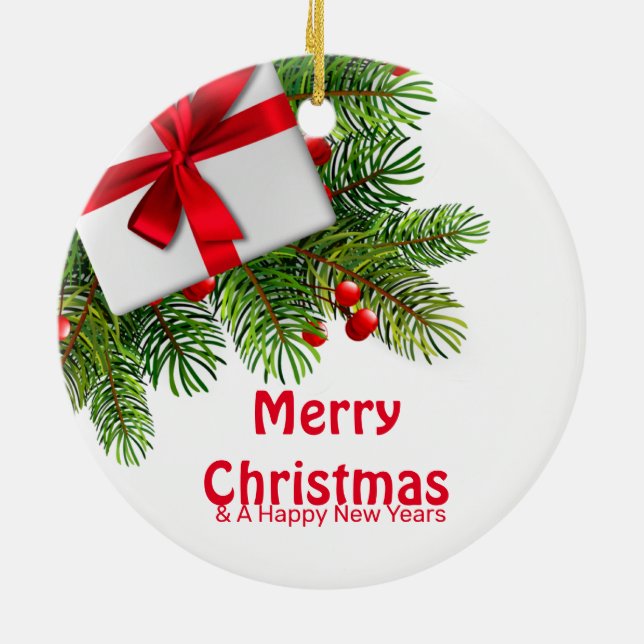 Christmas Pine Trees with White Present Red Bow  Ceramic Ornament (Back)