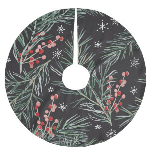 Christmas Pine Twigs Black Background Brushed Polyester Tree Skirt