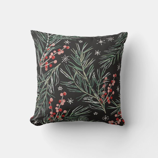 Christmas Pine Twigs Black Background Cushion (Front)