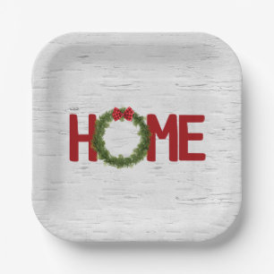 Christmas Pine Wreath and Home Text On Birch Paper Plate