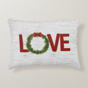 Christmas Pine Wreath and LOVE Text On Birch Decorative Cushion