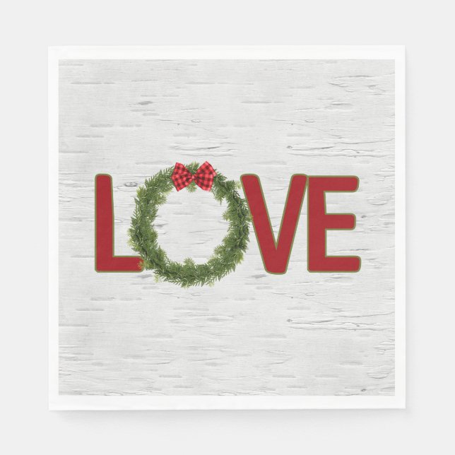 Christmas Pine Wreath and LOVE Text On Birch Napkin (Front)
