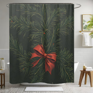 Christmas Pine Wreath Red Bow Festive Holiday Shower Curtain