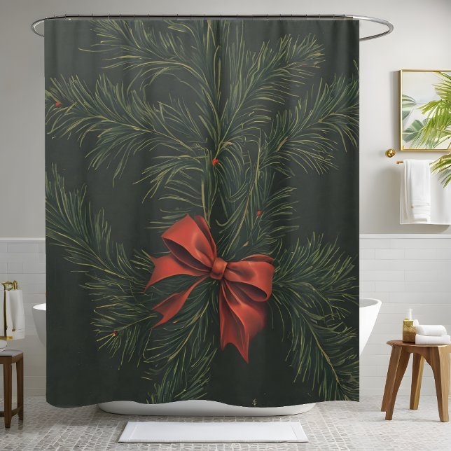 Christmas Pine Wreath Red Bow Festive Holiday Shower Curtain (Creator Uploaded)
