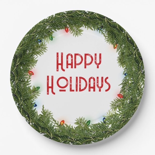 Christmas Pine Wreath with Lights Paper Plate (Front)