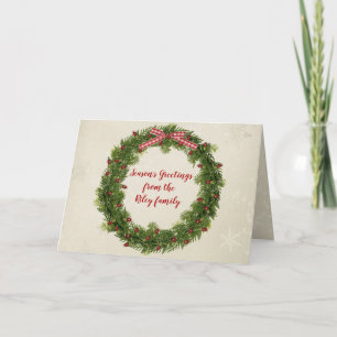 Christmas pine wreath with red lights and bow card