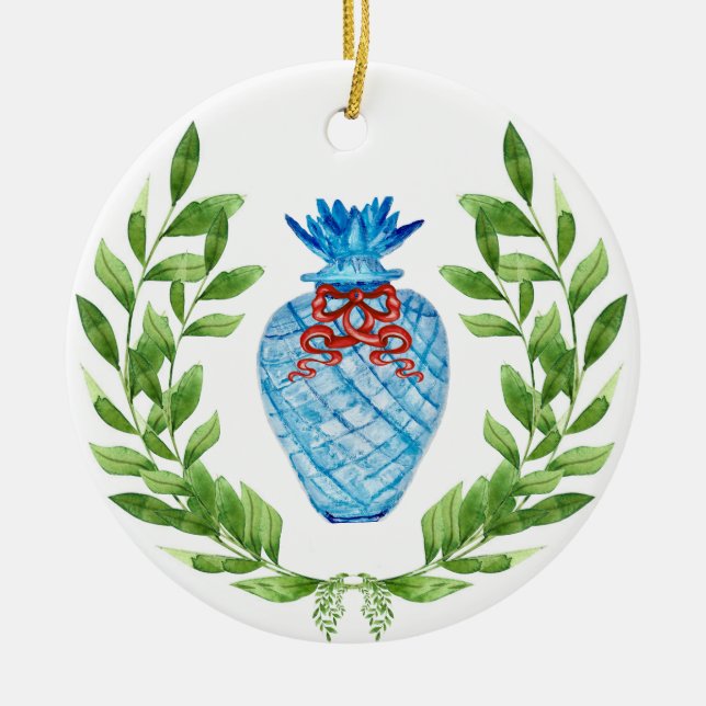 Christmas Pineapple Blue & White Ginger Jar Ceramic Ornament (Front)