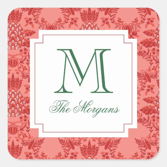 Christmas Pineapple Ornaments Monogram Gift Square Sticker (Front)