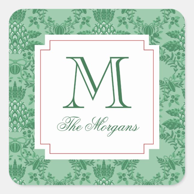 Christmas Pineapple Ornaments Monogram Gift Square Sticker (Front)