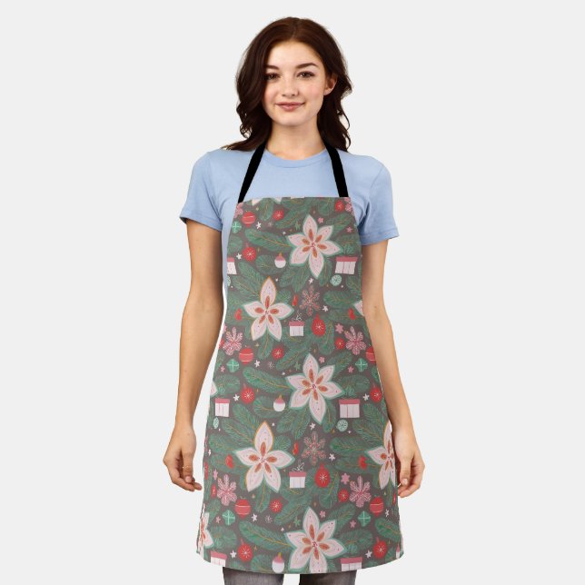 Christmas pines poinsettia pattern apron (Worn)