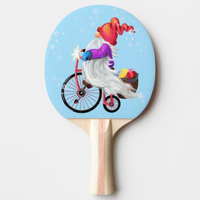 Christmas Ping Pong Paddle Gift Gnome with Bike (Front)