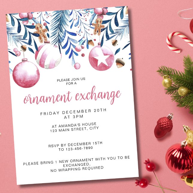 Christmas Pink and Blue Ornament Exchange Party Invitation (Creator Uploaded)