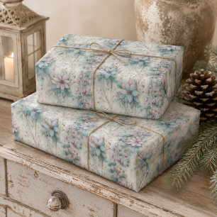 Christmas Pink and Blue Poinsettia Floral Wrapping Paper Sheet