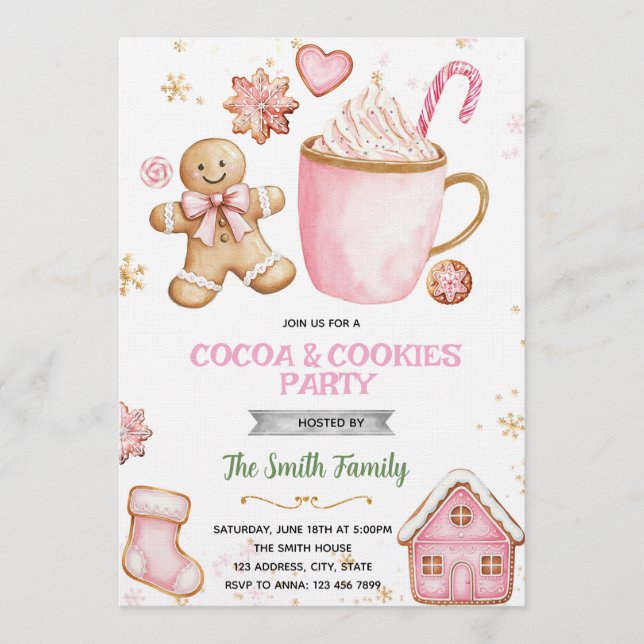 Christmas pink Cookies and Cocoa invitation (Front)