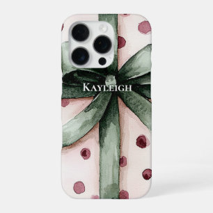 Christmas Pink Dots Green Ribbon & Bow iPhone 16 Pro Case