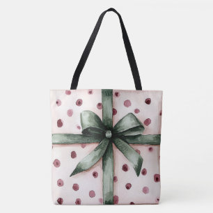 Christmas Pink Dots Green Ribbon & Bow Tote Bag