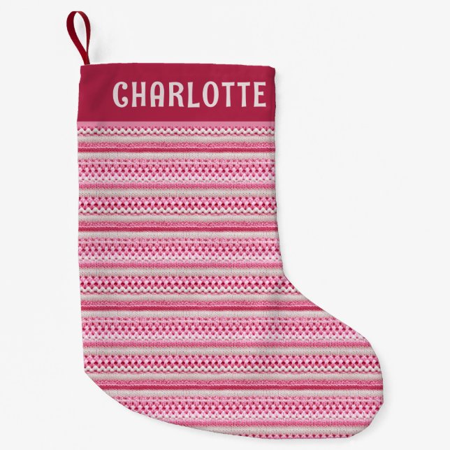 Christmas Pink Faux Knit Pattern Personalised Name Small Christmas Stocking (Front)