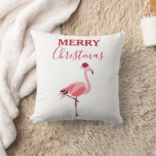 Christmas Pink Flamingo Bird with Santa Hat Cushion