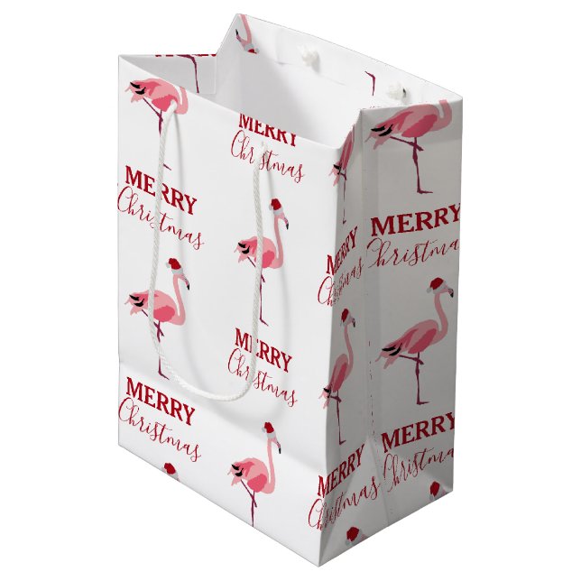 Christmas Pink Flamingo Bird with Santa Hat Medium Gift Bag (Front Angled)
