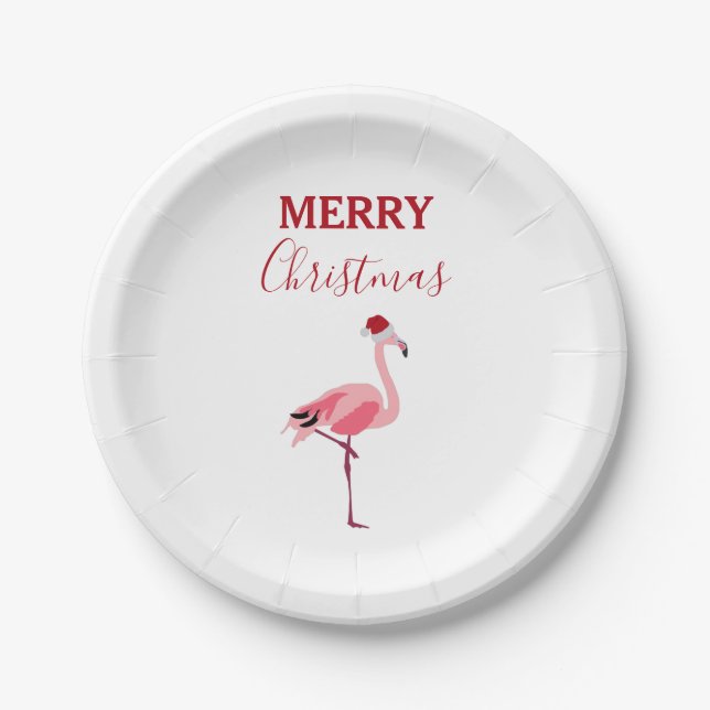 Christmas Pink Flamingo Bird with Santa Hat Paper Plate (Front)