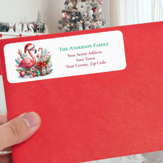 Christmas Pink Flamingo Greenery Name Return Address Label