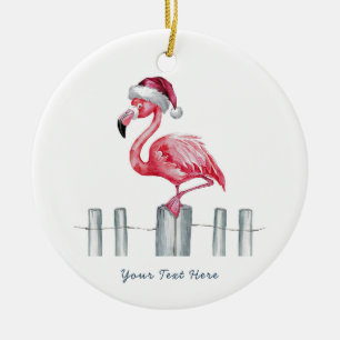 Christmas Pink Flamingo in Santa Hat Personalized Ceramic Ornament