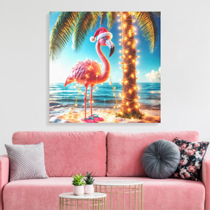 Christmas Pink Flamingo In Tangled Lights Canvas Print