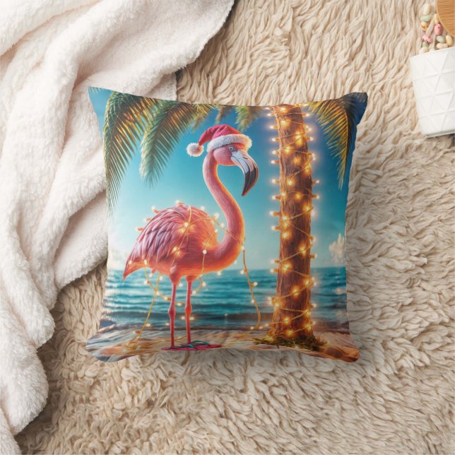 Christmas Pink Flamingo In Tangled Lights Cushion (Blanket)
