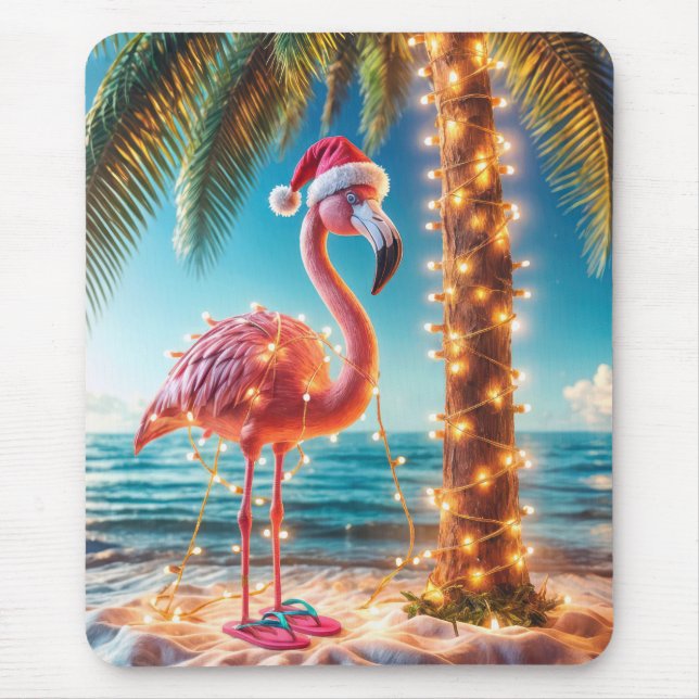 Christmas Pink Flamingo In Tangled Lights Mouse Pad (Front)