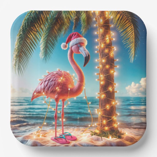 Christmas Pink Flamingo In Tangled Lights Paper Plate (Front)