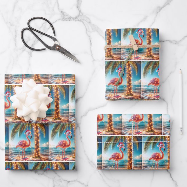 Christmas Pink Flamingo In Tangled Lights Wrapping Paper Sheet (Front)