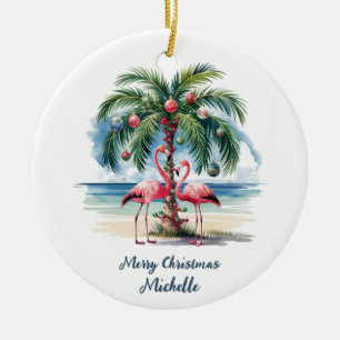 Christmas Pink Flamingo Palm Trees Personalized Ceramic Ornament