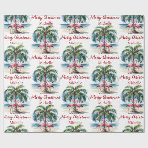 Christmas Pink Flamingo Palm Trees Personalized Wrapping Paper