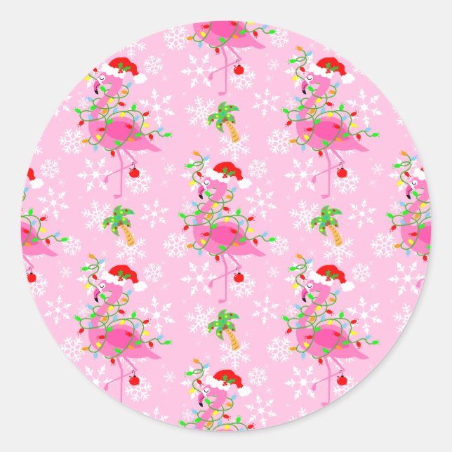 Christmas Pink Flamingo Pattern Classic Round Sticker (Front)