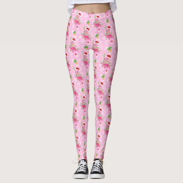 Christmas Pink Flamingo Pattern Leggings (Front)