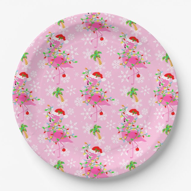 Christmas Pink Flamingo Pattern Paper Plate (Front)