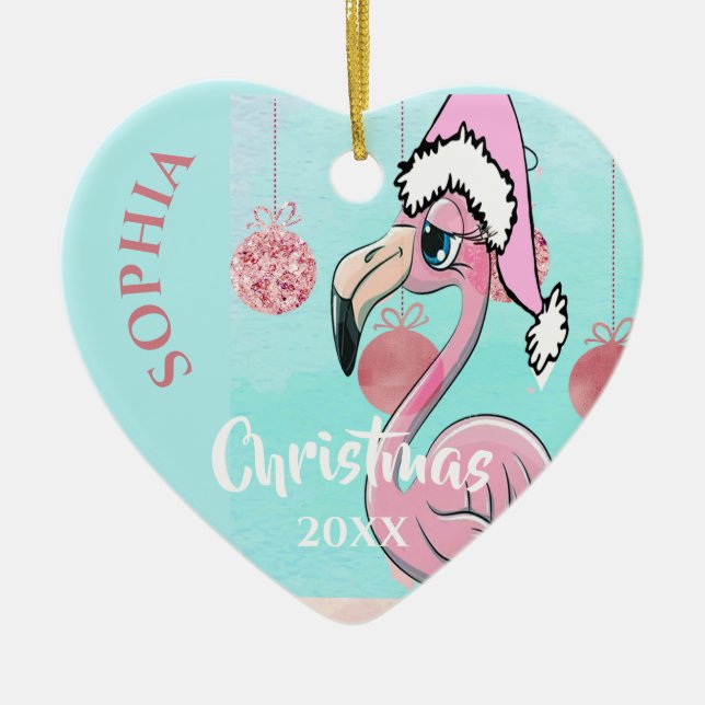 Christmas Pink Flamingo Santa Photo Blue Cute Ceramic Ornament (Front)
