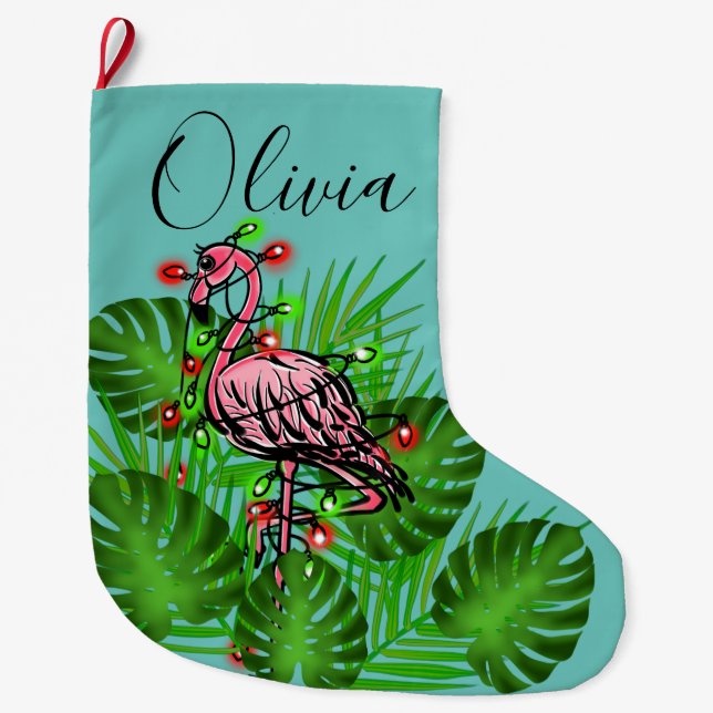 Christmas Pink Flamingo twinkle lights Large Christmas Stocking (Front)