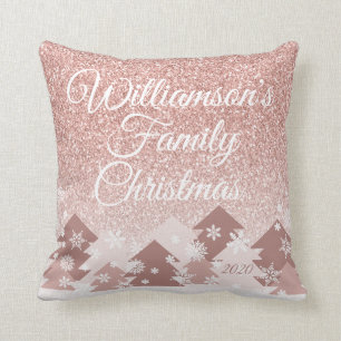 Christmas Pink Glitter Blush Pink Trees Family Cushion