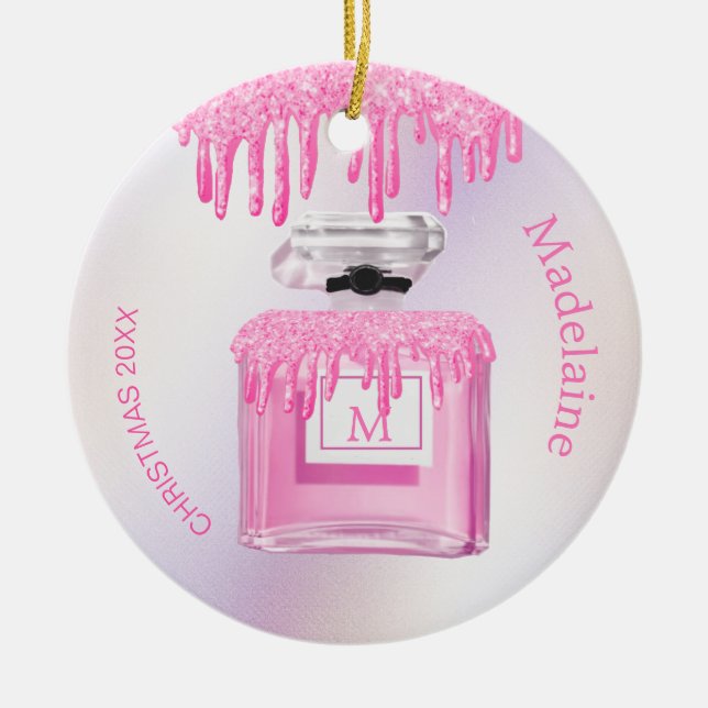 Christmas Pink Glitter Perfume Monogram  Ceramic Ornament (Front)