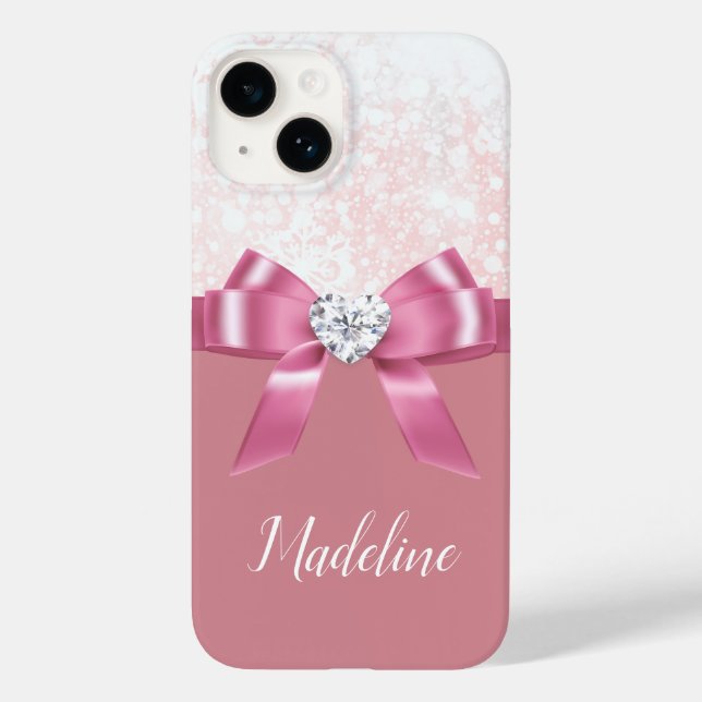 Christmas Pink Glitter Snowflake Ribbon  Diamond Case-Mate iPhone Case (Back)