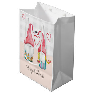 Christmas Pink Gnome In Love Watercolor Medium Gift Bag