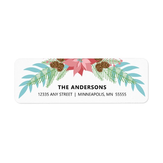 Christmas Pink Poinsettia and Pine Branches Return Address Label (Front)