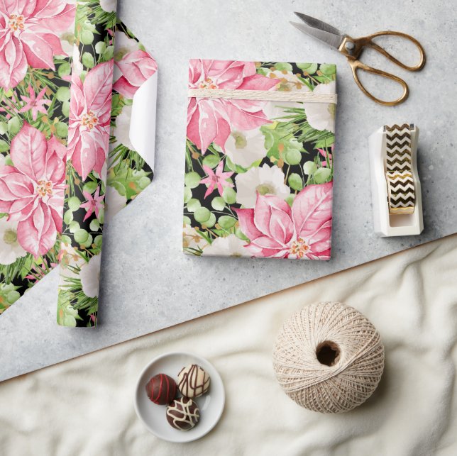 Christmas Pink Poinsettia Floral Holiday Wrapping Paper (Crafts)