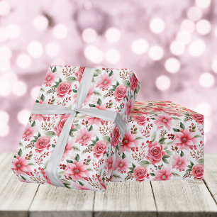 Christmas Pink Poinsettia + Pink Rose Pattern Wrapping Paper