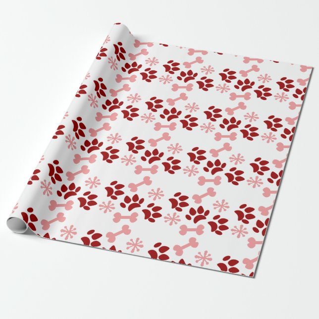 Christmas Pink Red Dog Cat Paws Bones Snowflakes Wrapping Paper (Unrolled)