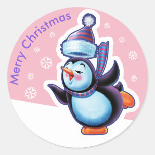 Christmas pink round sticker Penguin skating.